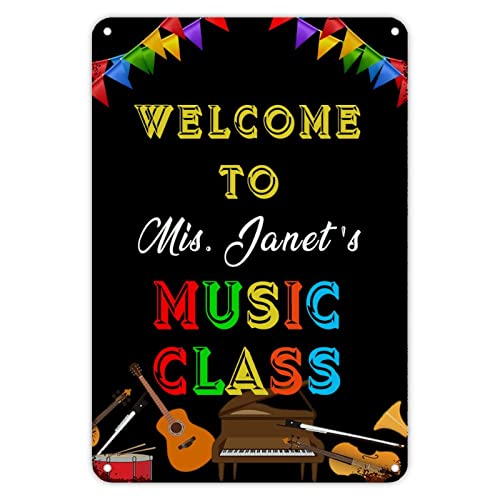 Guangpat First Day of School Schilder "Welome to Mis Janet's Music Class Signs Welcome Back to School", Metallschild, Boho, Klassenzimmer, Dekoration, bemalt, Kritzeleien, Regenbogen von Guangpat