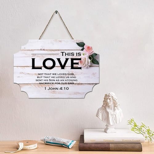 Guangpat Holzschild mit Bibelvers und Aufschrift "This Is Love Not That Loved God,But That He Loved Us", christliches Holzschild, rustikale Familienwandkunst, religiös für Zuhause, Küche, Badezimmer von Guangpat