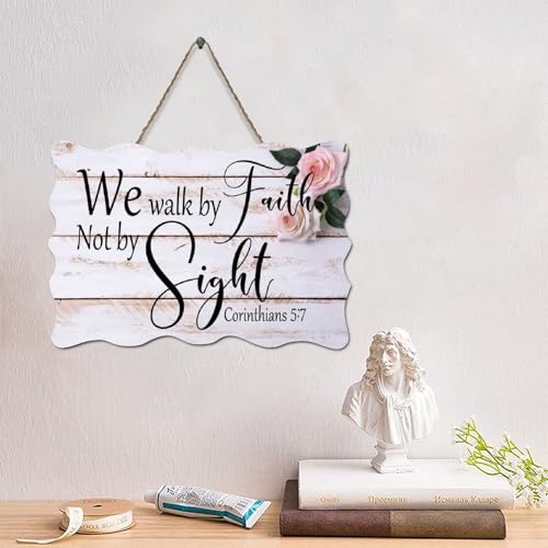 Guangpat Lustiges Holzschild mit Bibelvers "We Walk by Faith Not by Sight", Korinther 5:7, 10,2 x 15,2 cm, christliche Wandkunst, Familienwanddekoration für Zuhause, Küche, Badezimmer, Wohnzimmer von Guangpat