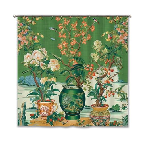 Guangpat Traditionelle chinesische Designer Ming Vase Grün Duschvorhang Set Chinoiserie Stil Duschvorhänge für Badezimmer Asiatische Duschvorhänge Badezimmer Dekor Polyester Stoff Duschvorhänge von Guangpat