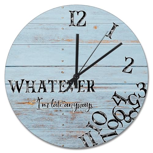Guangpat Wanduhr mit Holzmaserung im Vintage-Stil, mit Farbverlauf, blau, mit englischer Aufschrift "Whatever I'm Late Anyways", 38,1 cm, batteriebetrieben, Ruhestand, Wanduhr, stille Dekoration für Guangpat Wanduhr mit Holzmaserung im Vintage-Stil, mit Farbverlauf, blau, mit englischer Aufschrift "Whatever I'm Late Anyways", 38,1 cm, batteriebetrieben, Ruhestand, Wanduhr, stille Dekoration für von Guangpat