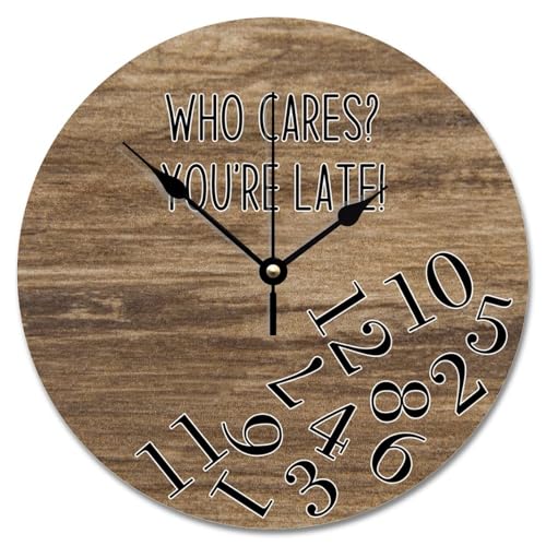 Guangpat Wanduhr mit antiker Holzmaserung, Aufschrift "Who Cares You're Late", batteriebetrieben, 25,4 cm, für Herren, Höhlenwanduhr, leise, nicht tickende Dekoration für Schlafzimmer, Wohnzimmer Guangpat Wanduhr mit antiker Holzmaserung, Aufschrift "Who Cares You're Late", batteriebetrieben, 25,4 cm, für Herren, Höhlenwanduhr, leise, nicht tickende Dekoration für Schlafzimmer, Wohnzimmer von Guangpat