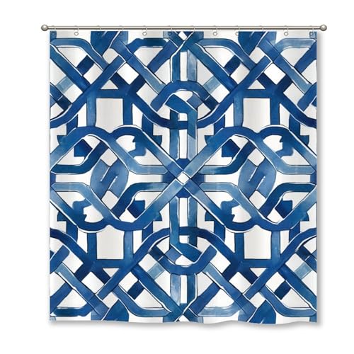 Guangpat Yinrune Duschvorhang Geometrisches Gitter Badezimmer Vorhänge Blau und Weiß Boho Duschvorhang 182,9 x 198,1 cm Badvorhänge Polyestergewebe Duschvorhang Set mit Haken Badezimmer Dekor von Guangpat