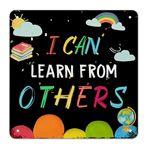 Metallschild mit Aufschrift "First Day of School Signs I Can Learn from Others", englische Aufschrift "Welcome Back to School", Klassenzimmer-Dekor, Kunsttafel, Bleistift, lustiges Kritzeln, rustikale von Guangpat