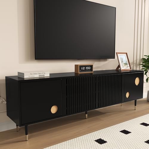 GuannCraft 2-türiger TV-Ständer mit Lamellen, Gitterdesign und Stauraum – Medienkonsolenschrank aus Massivholz für Wohnzimmer, Entertainment-Center, Heimkino-Organizer (Schwarz) von GuannCraft
