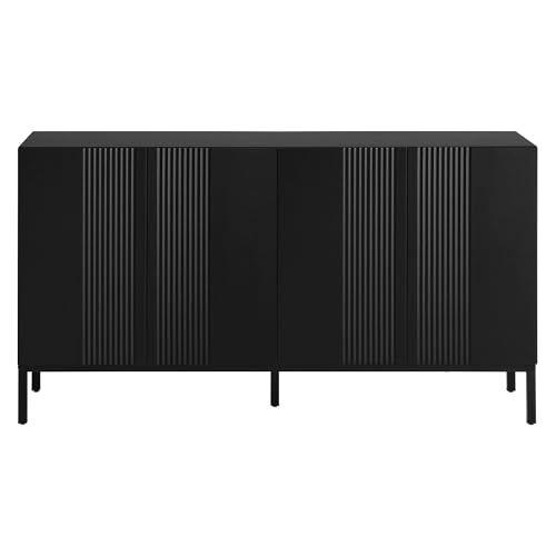 GuannCraft 4-türiger geriffelter Sideboard-Schrank mit geripptem Design – Buffet-Aufbewahrung aus Massivholz für Esszimmer, Eingangsmöbel, Wohnzimmer-Organizer (Schwarz) von GuannCraft