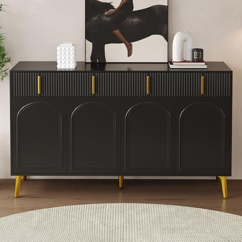 GuannCraft Gewölbter 4-türiger Aufbewahrungsschrank aus Holz mit gewelltem Wellenmuster – großer Home Organizer für Eingangsbereich, Wohnzimmer, Schlafzimmer (Schwarz) von GuannCraft