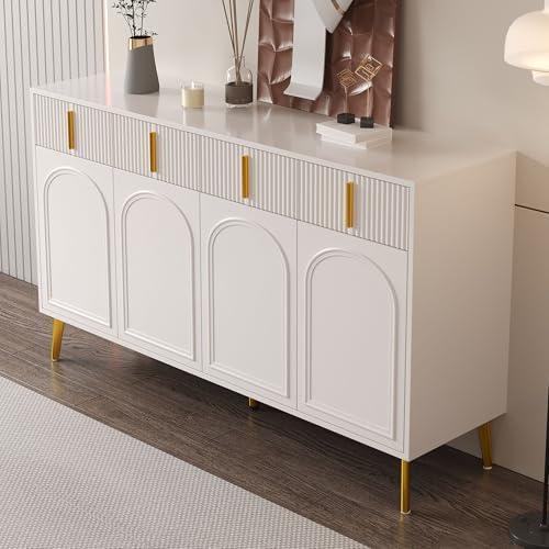 GuannCraft Gewölbter 4-türiger Aufbewahrungsschrank aus Holz mit gewelltem Wellenmuster – großer Home Organizer für Eingangsbereich, Wohnzimmer, Schlafzimmer (Weiß) von GuannCraft