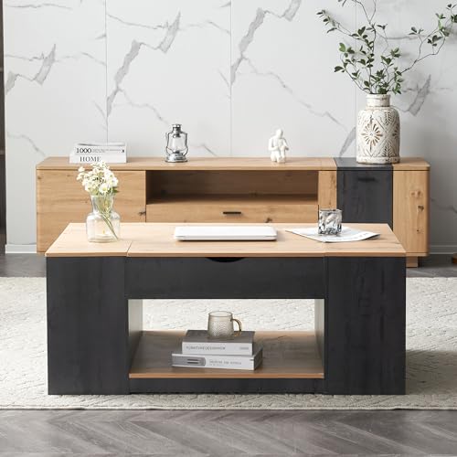 GuannCraft Rechteckiger Couchtisch aus Massivholz mit anhebbarer Platte – Manuell höhenverstellbares Design für Wohnzimmersofa | Multifunktional zum Essen und Arbeiten von GuannCraft
