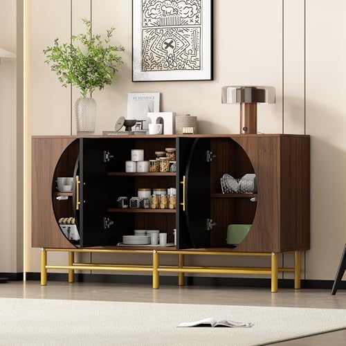 GuannCraft Sideboard mit 4 Türen und geriffeltem Griff – platzsparendes Buffet aus Holz mit gerippten Türen, Esszimmerschrank (Nussbaum) von GuannCraft