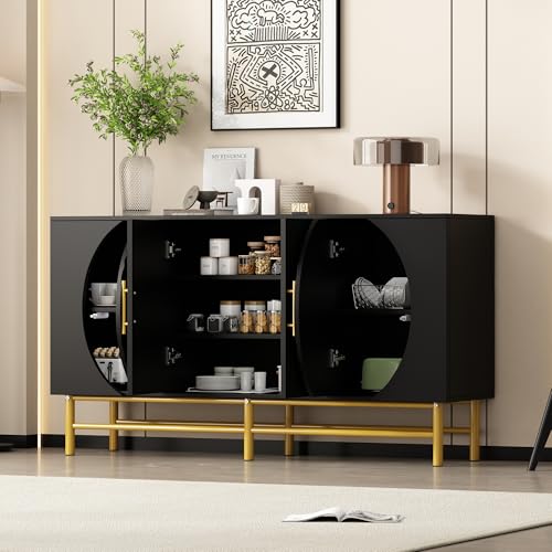 GuannCraft Sideboard mit 4 Türen und geriffeltem Griff – platzsparendes Buffet aus Holz mit gerippten Türen, Esszimmerschrank (Schwarz) von GuannCraft