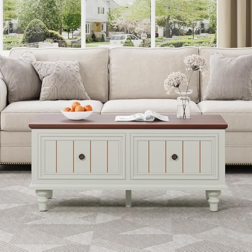 Verstellbarer Couchtisch mit anhebbarer Platte Stauraum Manueller Höhenmechanismus, umwandelbarer Ess-/Arbeitsbereich, rustikales Eichen-Finish, platzsparendes, kompaktes 100cm Design (Cremefarben) von GuannCraft