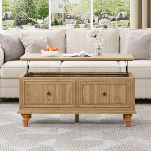 Verstellbarer Couchtisch mit anhebbarer Platte Stauraum Manueller Höhenmechanismus, umwandelbarer Ess-/Arbeitsbereich, rustikales Eichen-Finish, platzsparendes, kompaktes 100cm Design (Holzfarbe) von GuannCraft