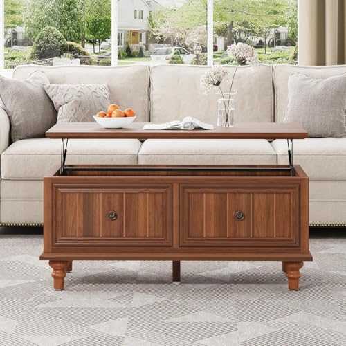 Verstellbarer Couchtisch mit anhebbarer Platte Stauraum Manueller Höhenmechanismus, umwandelbarer Ess-/Arbeitsbereich, rustikales Eichen-Finish, platzsparendes, kompaktes 100cm Design (Nussbaum) von GuannCraft