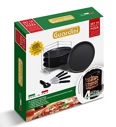 Guardini Geschenkbox Pizza-Set 10-teilig: 1 Blechhalter+4 Pizzableche Ø 32 cm+4 Pizzamesser+1 Pizzaschneider, Stahl mit Antihaftbeschichtung, Farbe Schwarz, 27514RK von Guardini