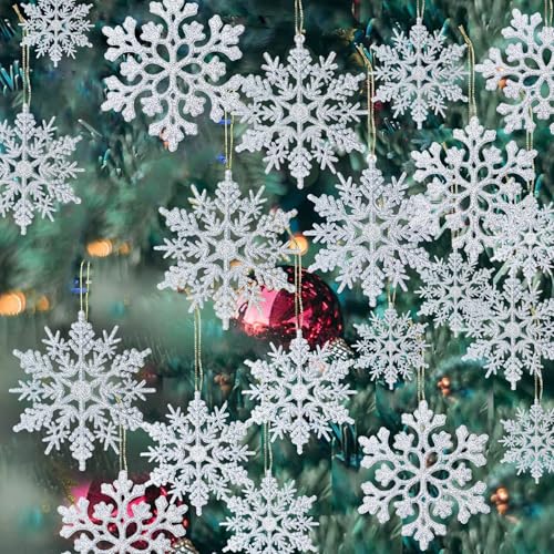 36 Stück Kunststoff Silber Schneeflocken Ornamente Weihnachten Winter Dekorationen Hängende Schneeflocke Dekorationen für Winter Wonderland Weihnachtsbaum von GuassLee