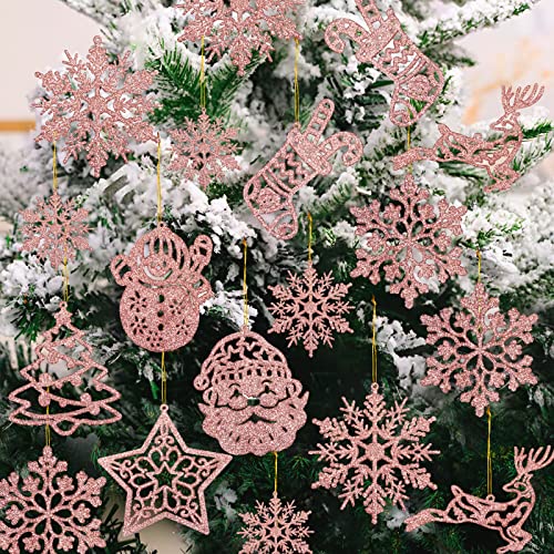 Weihnachtsbaumschmuck, Schneeflocken-Ornamente, 42 Stück, rotgoldener Glitzer, Weihnachts-Schneeflocke, Schneemann, Rentier, Weihnachtsmann, hängende Ornamente für Winterwunderland, Urlaub, Neujahr, von GuassLee