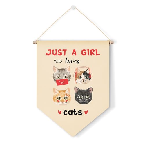 Leinwand-Wimpel zum Aufhängen, Just a Girl Loves Cat Wimpel, inspirierende Wanddekoration, geeignet für Männer und Frauen, Schlafzimmer, Wohnzimmer, Vorne von Guawubiang