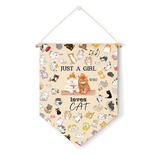 Wimpelflagge aus Segeltuch, "Just a Girl Loves Cats" Wimpelflagge, inspirierende Wanddekoration, geeignet für Männer und Frauen, Schlafzimmer, Wohnzimmer, Vorne von Guawubiang