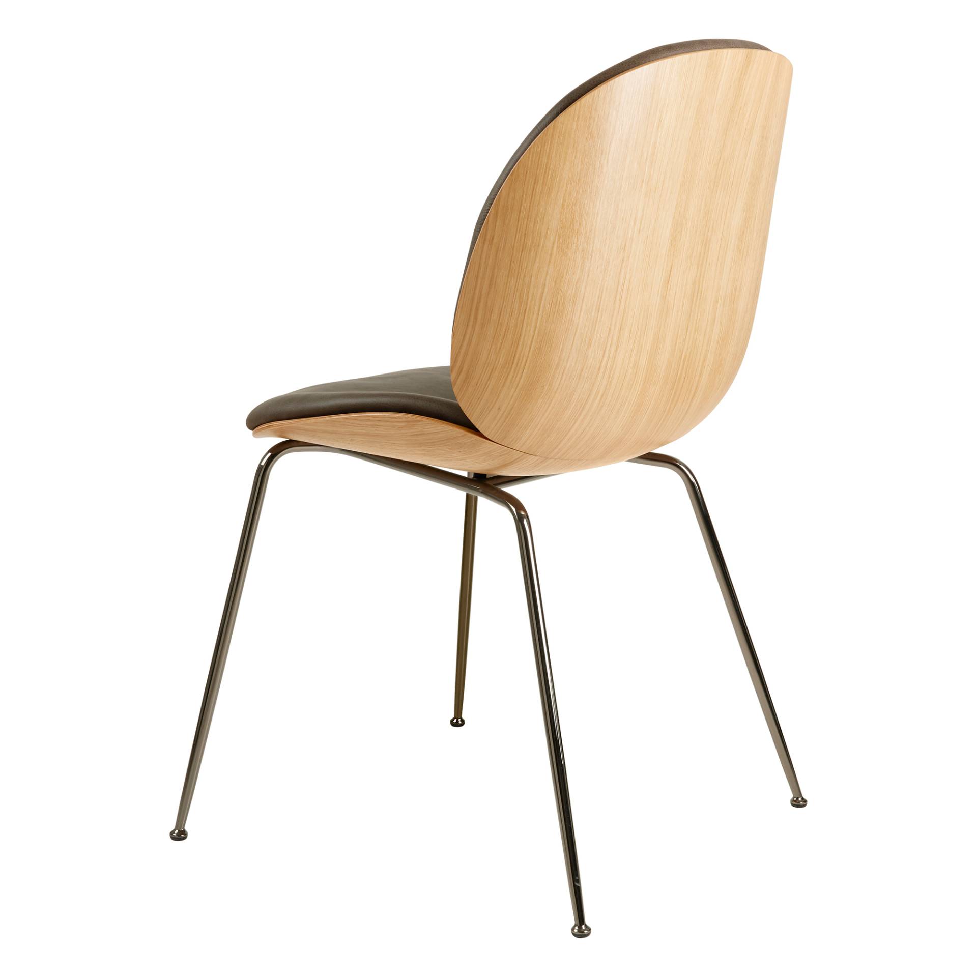 Gubi - Beetle 3D Veneer Stuhl Leder gepolstert - grau/Soft Leder/BxHxT 56x87x58cm/Sitzschale Eiche/Gestell Stahl schwarz chrom von Gubi
