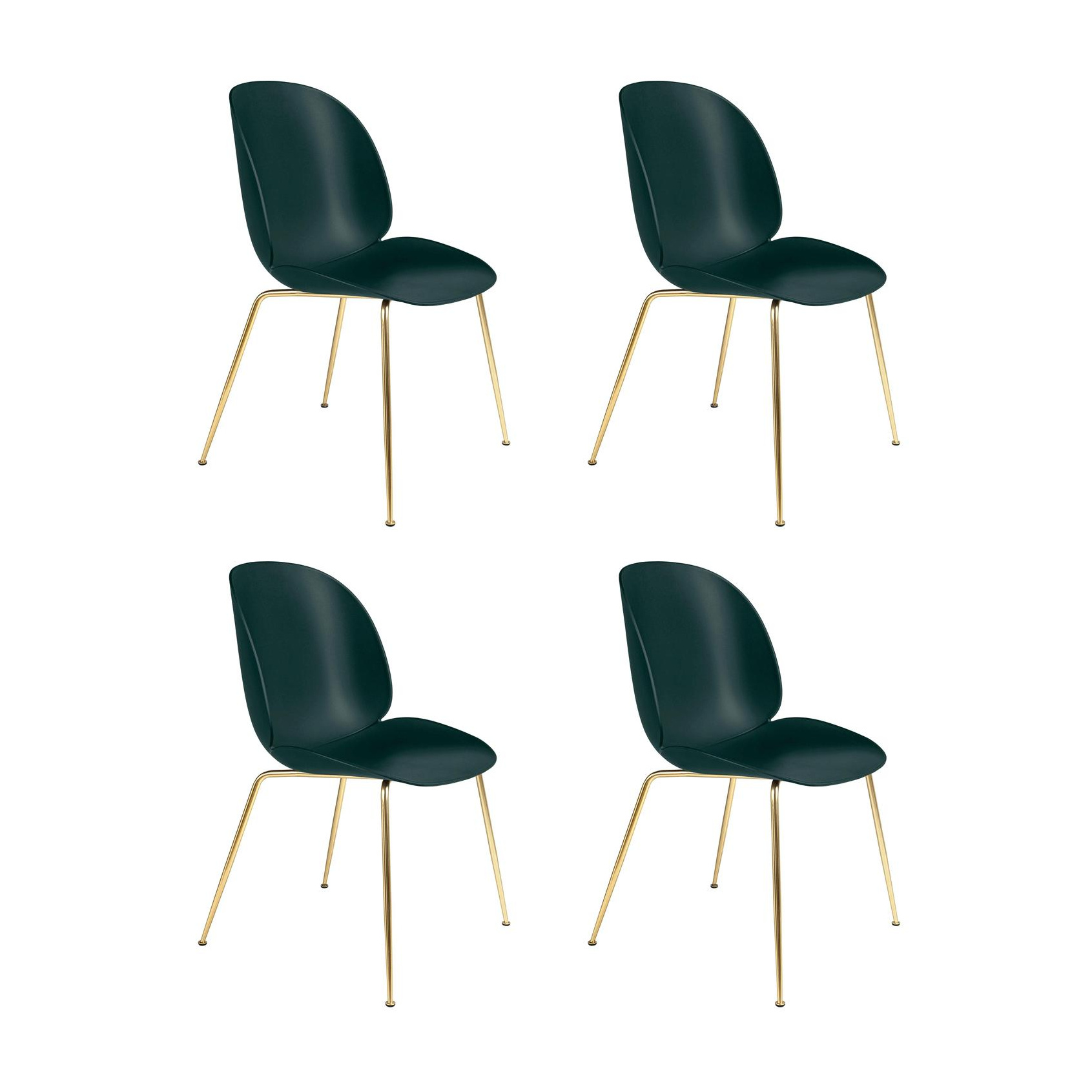 Gubi - Beetle Dining Chair Stuhl Gestell Messing 4er Set - dunkelgrün/Sitz Polypropylen-Kunststoff/BxHxT 56x87x58cm/Gestell Messing/Kunststoffgleiter von Gubi