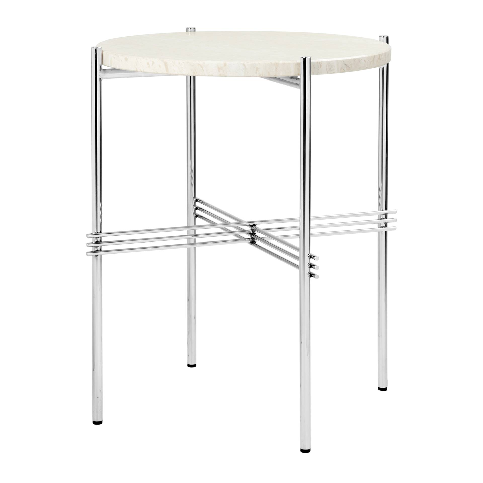 Gubi - TS Beistelltisch Marmor Ø40cm - weiß/Neutral Travertine 2cm/BxTxH 45,2x45,2x51cm/Gestell Stahl poliert von Gubi