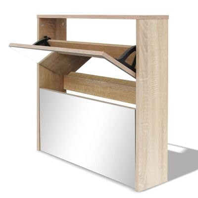 Gucagle Moderner Schuhschrank mit Spiegel 2 F?cher Eiche Optik Wandmontage Flurschrank Aufbewahrung f¡§1r Schuhe bis 8 Paar Stilvolles Schuhregal 63x17x67 cm von Gucagle