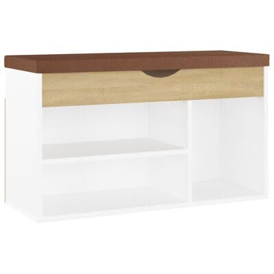 Gucagle Schuhbank Sonoma Eiche 80 cm mit Kissen Wei? Stauraum f¨¹r Schuhe Bequeme Sitzbank zum Anziehen Robustes Holzwerkstoff Design Praktische Schuhorganisation f¨¹r Flur und Eingangsbereich von Gucagle