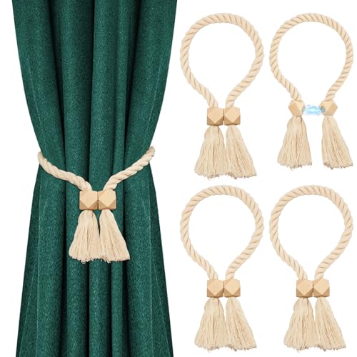 4 Stück Raffhalter für Vorhänge, Magnetische Vorhang Raffhalter aus Holz, Handgewebter Raffhalter für Gardinen, Boho Gardinenhalter Vorhanghalter – Geeignet für Gardinendeko zu Hause und im Büro von Gucass