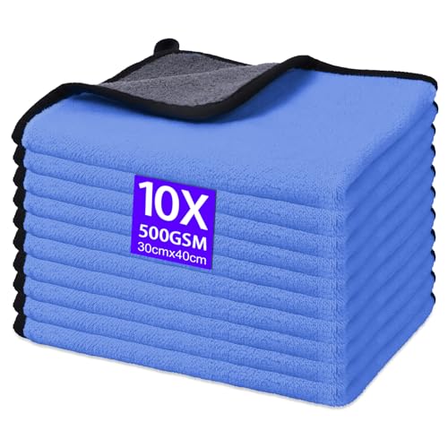 Gucass 10 STK Mikrofasertücher Auto, 500 GSM Poliertücher Auto Trockentücher, Putztücher Extrem Saugstark & Fusselfreie, Mikrofaser-Handtüch zur Pflege Motorrad Trocknen, 30x40cm(Grau Blau) von Gucass