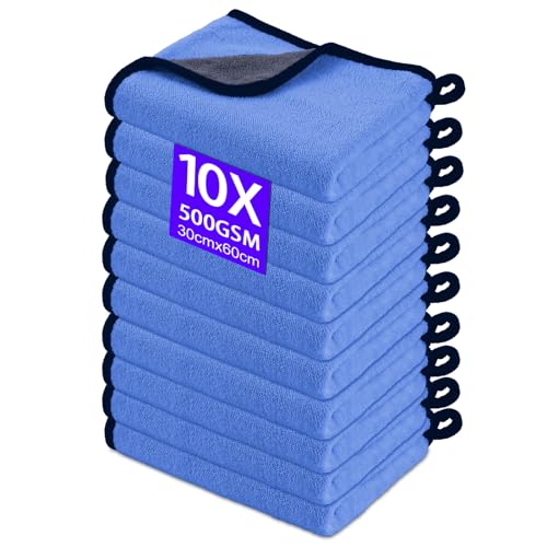 Gucass 10 Stück Mikrofasertücher Auto, 500 GSM Poliertuch Auto Trockentücher Extrem Saugstark, Fusselfreie Microfasertuch Reinigungstuch für Pflege von Auto Motorrad Hause Küche, 30x60cm, Blau von Gucass