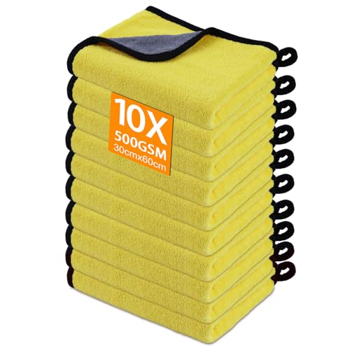 Gucass 10 STK Mikrofasertücher Auto, 500 GSM Poliertücher Auto Trockentücher, Putztücher Extrem Saugstark & Fusselfreie, Mikrofaser-Handtüch zur Pflege Motorrad Trocknen, 30x60cm(Grau Gelb) von Gucass
