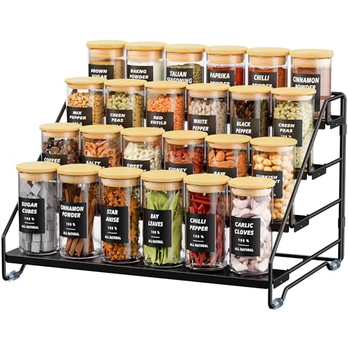 Gucass 4 Etagen Gewürzregal Stehend, Gewürzständer Metall Einstellbar Ohne Bohren, Gewürzregale für die Küche, Schrank und Arbeitsplatte, Spice Rack Organizer (Schwarz) von Gucass