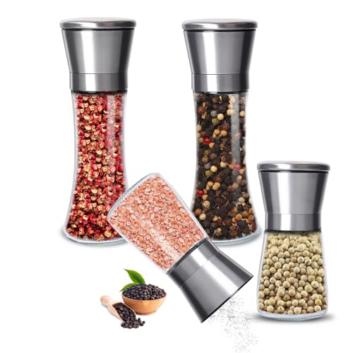 Gucass 4er Set Salzmühle und Pfeffermühle, Gewürzmühlen Set mit Verstellbarem Keramikmahlwerk, Pfeffer und Pfeffermühle Auch als Chilimühle, Manuell Salt and Pepper Grinder für Verschiedene Gewürze von Gucass