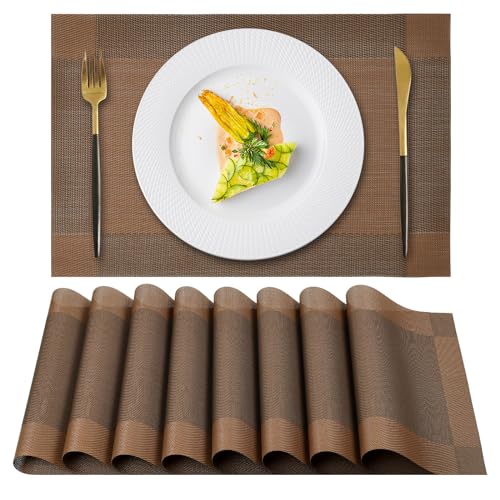 Gucass 8er Set Tischsets Abwaschbar, PVC Platzsets Abwischbar Platzdeckchen, Placemats Abgrifffeste Hitzebeständig rutschfest, Tischmatten für Küche Restaurant Speisetisch, 45x30cm(Braun) von Gucass