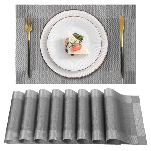 Gucass 8er Set Tischsets Abwaschbar, PVC Platzsets Abwischbar Platzdeckchen, Placemats Abgrifffeste Hitzebeständig rutschfest, Tischmatten für Küche Restaurant Speisetisch, 45x30cm(Grau) von Gucass