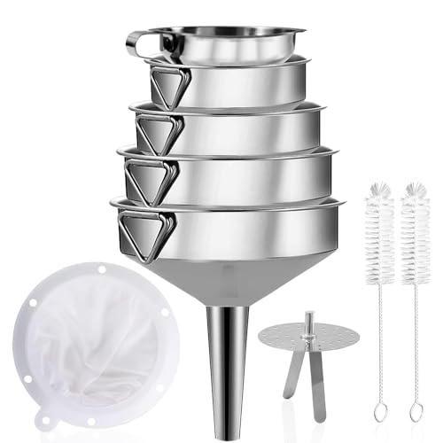 Gucass 9 Stk Edelstahl Trichter Set, Küche Trichter mit Griff, Marmeladentrichter mit Sieb, 200 Mesh Filter, Reinigungsbürste, Einfülltrichter zum Übertragen Gewürzen Flüssigkeiten Pulver Konfitüre von Gucass