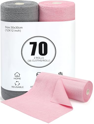Gucass Mikrofasertücher Rolle 35 Stück x 2, Wiederverwendbare Putzlappen, Microfasertücher auf Rolle, Abreißbare Putztücher für Haus und Küche, Abreißbare Lappen - Rosa & Grau von Gucass