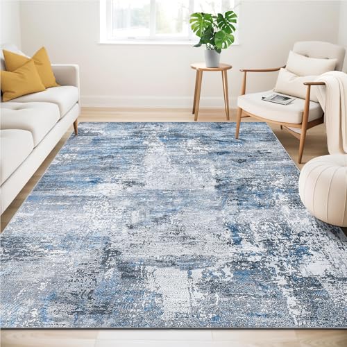 Guchuang Bedding Teppich Wohnzimmer 140x200cm, Blau-Grau Vintage Meliert Verwischt Design Kurzflor, Waschbar Rutschfest für Schlafzimmer von Guchuang Bedding
