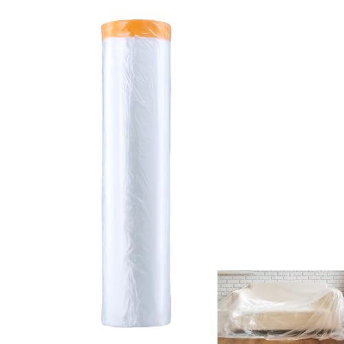 Klebeband mit Folie, 1 Rollen Abdeckfolie, Maler Abdeckfolie, Baufolie 400CM x 20M, zum Schutz vor Spritzern, Staub und Flecken, für Tische, Wände, Kleiderschränke (Mit Positionierungsaufkleber) von Gudalea