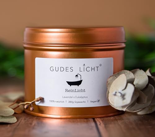 Sojawachs Duftkerze Lavendel & Eukalyptus/ReinLicht / 380g, Regional, Vegan, Ätherische Öle, 80h Brenndauer, Geschenk, Designkerze für Bad, Spa & Wellness von Gudes Licht