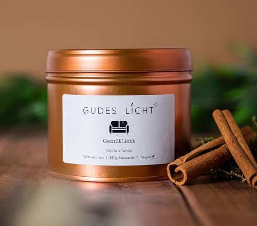 Sojawachs Duftkerze Vanilla & Tweed/GemütLicht / 380g, Regional, Vegan, Ätherische Öle, 80h Brenndauer, Geschenk, Designkerze für Wohn - und Schlafzimmer von Gudes Licht