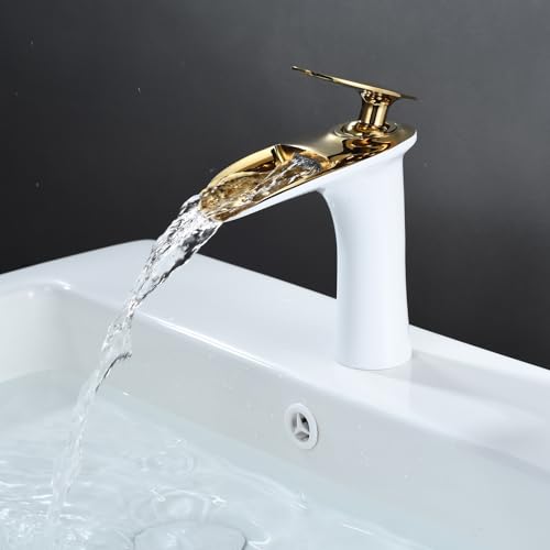 Badezimmer Waschbecken Wasserhahn Einloch Toilette Waschtisch Waschbecken Armaturen Weiß/Gold Malerei Einhand-Schüssel Becken Mischbatterie GT7852WG von Gudetap