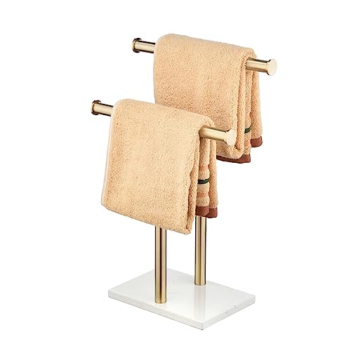 Handtuchhalter Ständer mit Marmorsockel, doppelte T-Form, gebürstetes Gold, Handtuchständer für Badezimmer-Arbeitsplatte, goldfarbener freistehender Handtuchhalter von Gudetap
