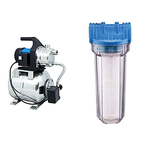 Güde 94637 HWW 1000E Hauswasserwerk (1000W, 3500l/h, Druckschalter, 19 l Edelstahltank, Förderhöhe 44M) & 94462 Typ B Wasserfilter, Blau, transparent von Güde