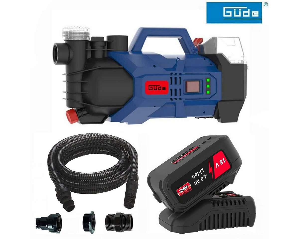Güde Akku-Gartenpumpe Gartenpumpe GP 18 V mit Akku 4.0 Ah Wasserfilter Saugschlauch von Güde