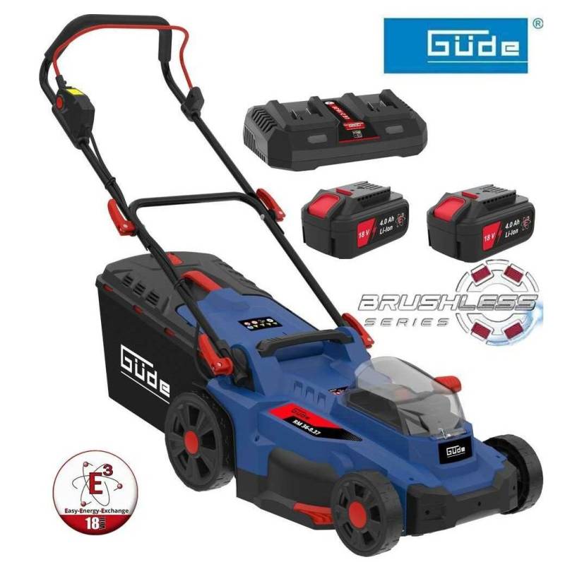 Güde Akkurasenmäher Akku Rasenmäher RM 36-402-30.37 + 2 x Akku 4.0 Ah und Doppelladegerät von Güde