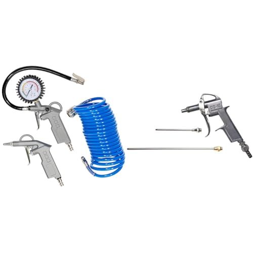 Güde Druckluft-Set 3-tlg. Metall (Reifenfüller, Spiralschlauch 5 m, Ausblaspistole, max. 10 bar) & Güde Druckluft-Ausblaspistole 3-tlg. (Alu-Druckguss, IG 1/4", max. 8 bar, 3 Düsen 25/100 / 200 mm) von Güde