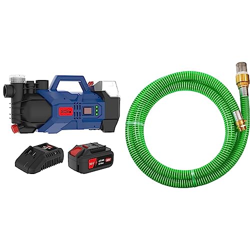 Güde GP 18-401-30 Akku Gartenpumpe, 72 W, 18 V, Blau & 94440 Sauggarnitur KA 4P (Spiral-Ansaugschlauch mit Messing-Fußventil und Edelstahl-Saugkorb, 4 m), Grün von Güde