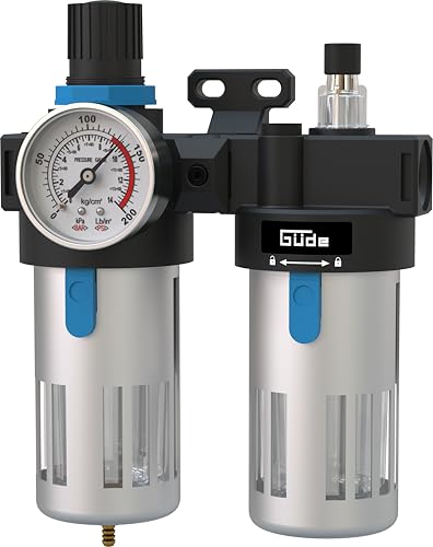 Güde Wartungseinheit 1/2 (Anschlussgewinde IG 1/2", max. Arbeitsdruck 10 bar, Anbau an einen Kompressor, Arbeitsdruckeinstellung, reinigt, filtert & ölt die Druckluft, inkl. Ablassventil & Manometer) von Güde